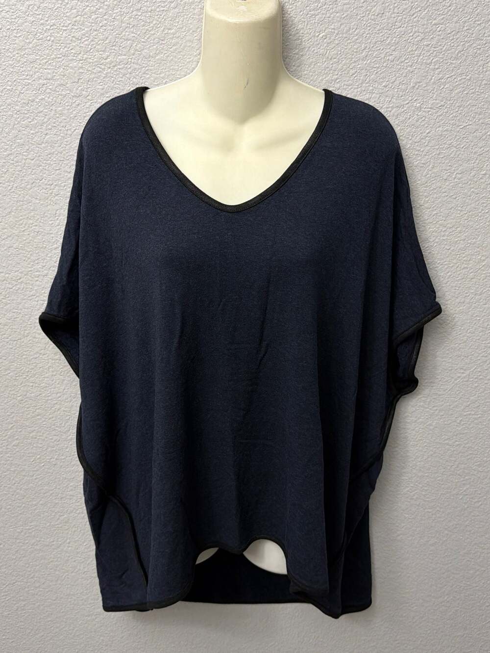 Capote Navy Blue Oversized V-Neck Poncho Top with Faux Leather Trim Size S/M